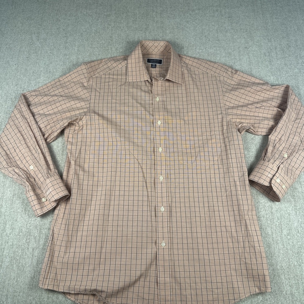 Club Room Dress Shirt Mens 15.5 32-33 Pink Blue Check Performance Regular Fit